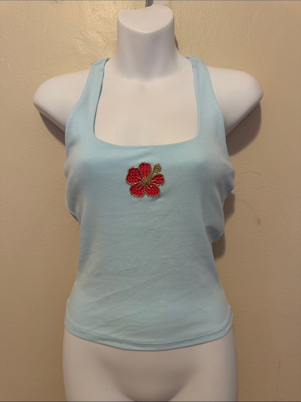 Madden Girl Light Blue Tank with Red Floral Patch